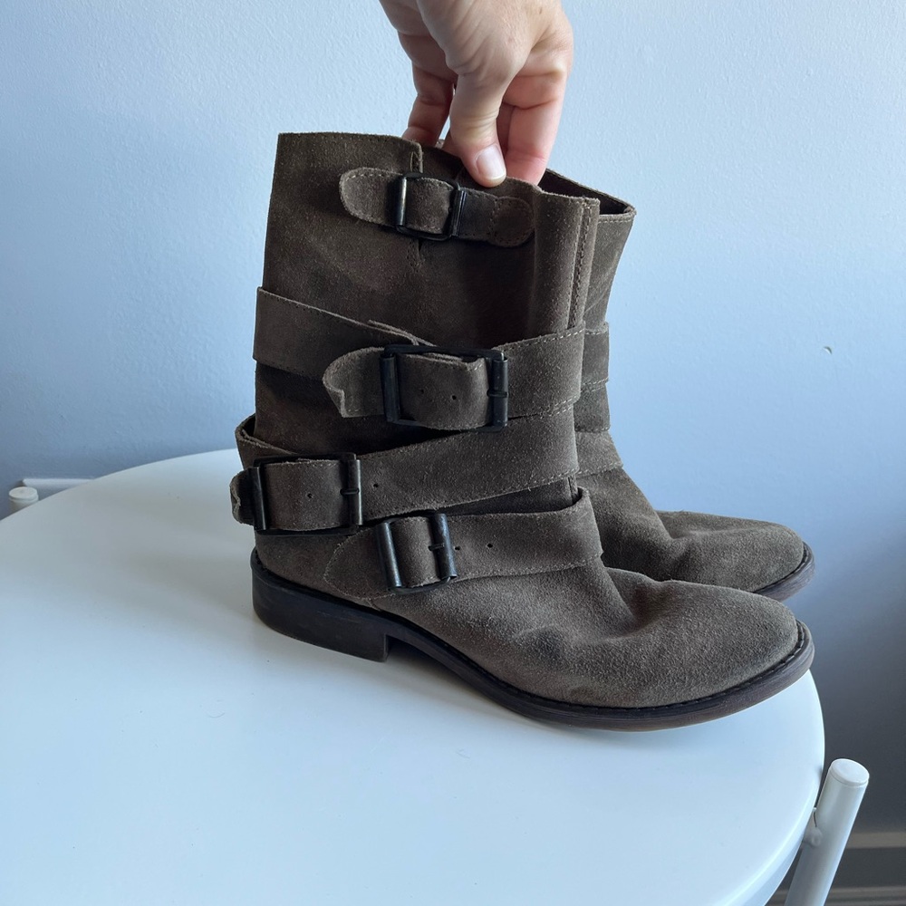 Greenish/Brown Suede Buckle Boots
